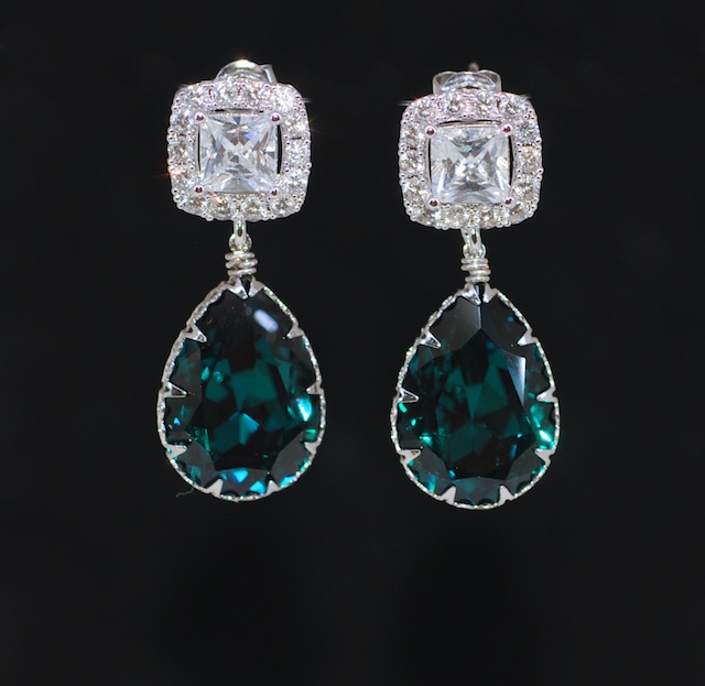 Wedding Earrings, Bridesmaid Earrings, Bridal Jewelry - Cubic Zirconia Square Earring With Swarovski Emerald Green Teardrop Crystal (e689)