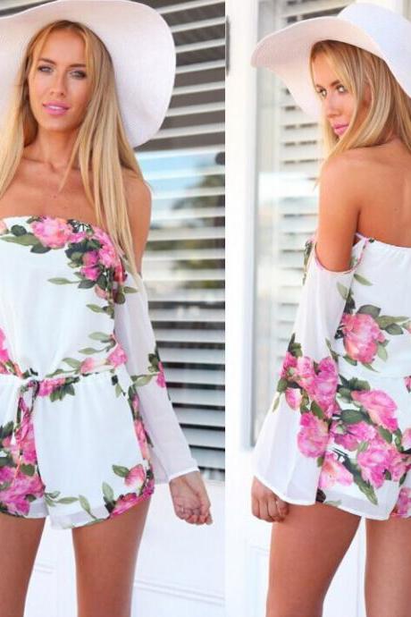 Sexy Women Floral Printed Off Shoulder Short Jumpsuit Romper Beach Casual Clubwear