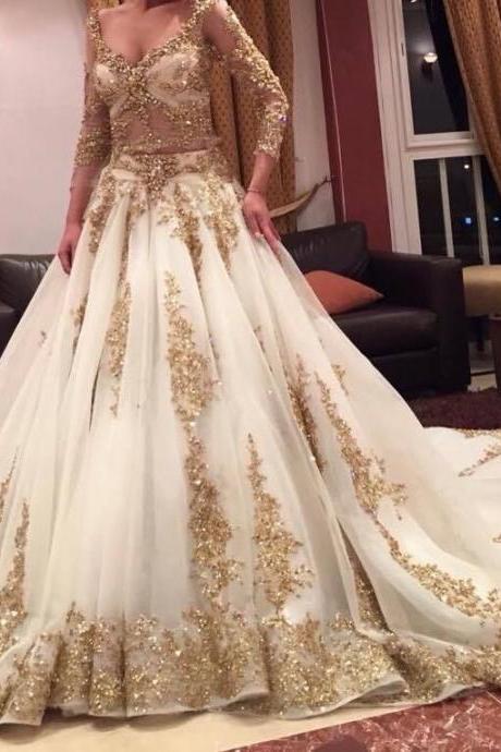 2015 Newest Twp Pieces Wedding Dresses A-line V-neck Long Sleeves Golden Appliques Sequined Chapel Train Bridal Gowns Custom