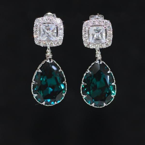 Wedding Earrings, Bridesmaid Earrings, Bridal Jewelry - Cubic Zirconia Square Earring with Swarovski Emerald Green Teardrop Crystal (E689)